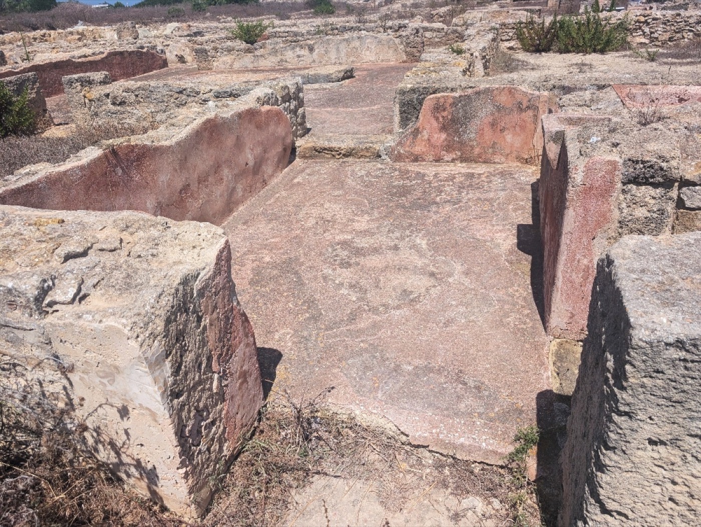 Figure 3: Red-painted plaster still clings to the walls and floors of this Kerkouane building, more than 2000 years after the site was abandoned. Ashlar blocks 